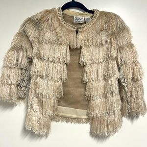Beguile by Byron Lars size 2 champagne fringe dress jacket
